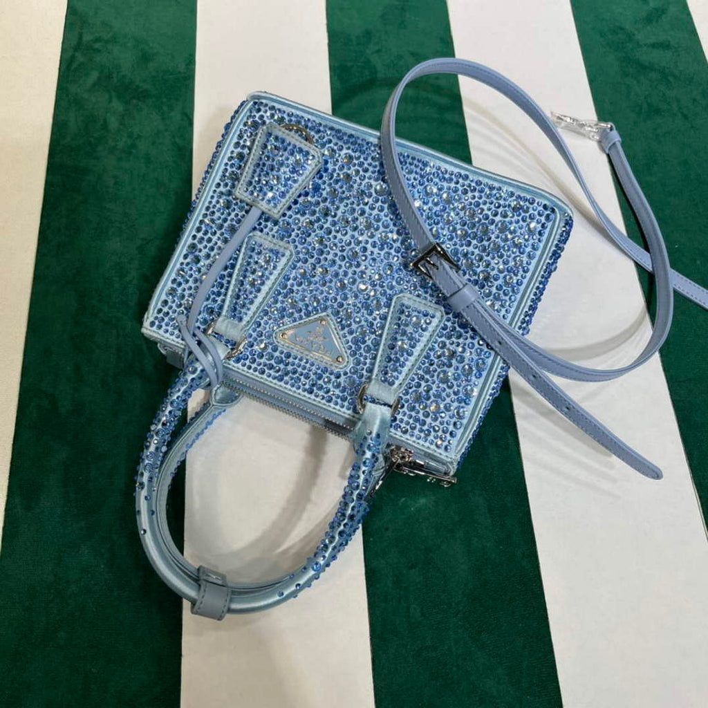 Prada 1BA906 Galleria satin mini-bag with crystals Blue
