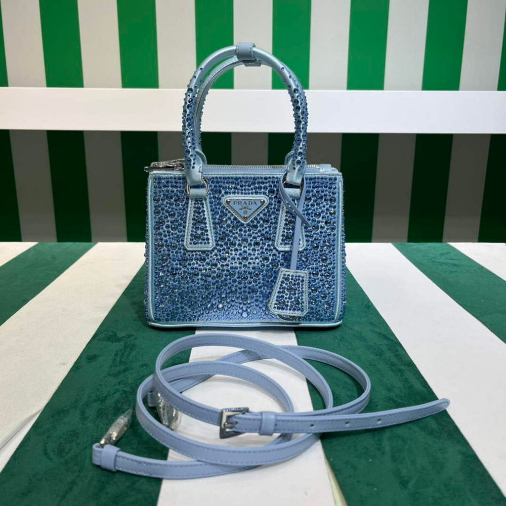Prada 1BA906 Galleria satin mini-bag with crystals Blue