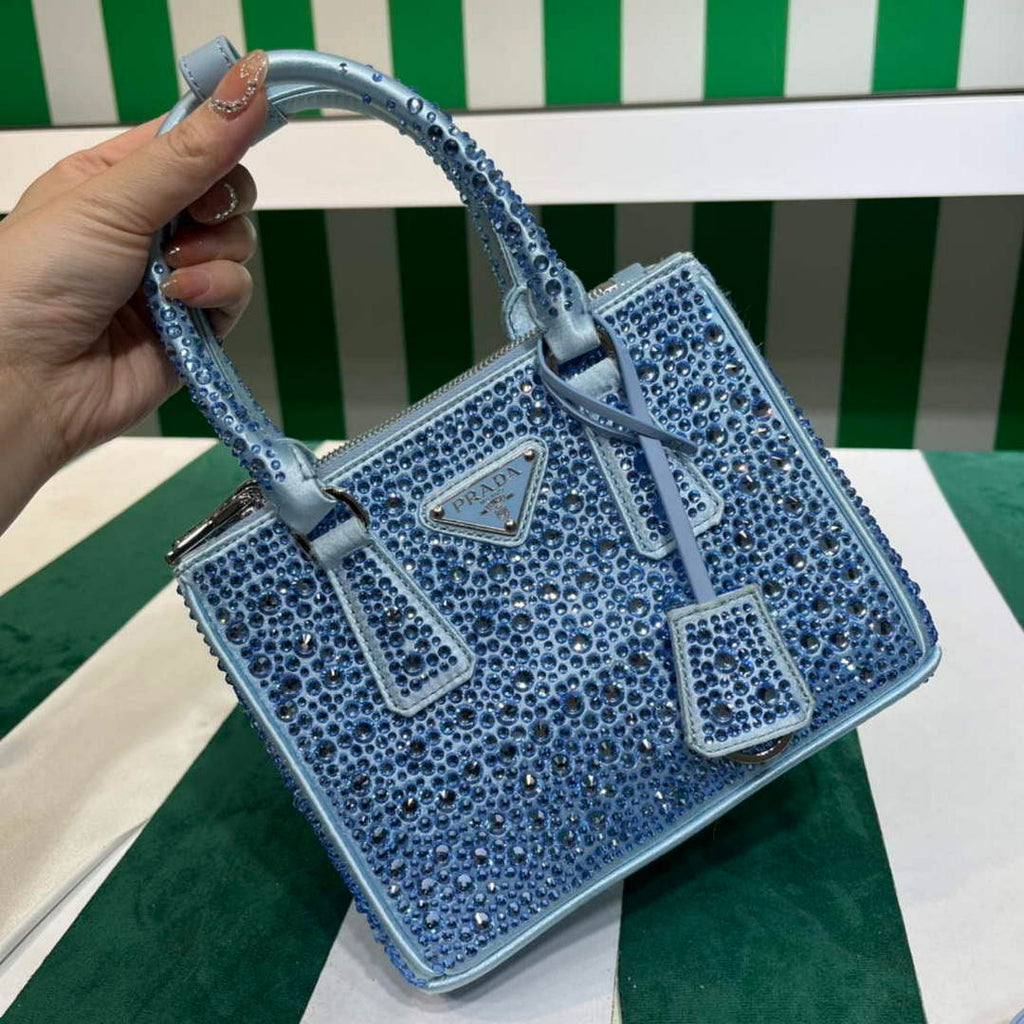 Prada 1BA906 Galleria satin mini-bag with crystals Blue