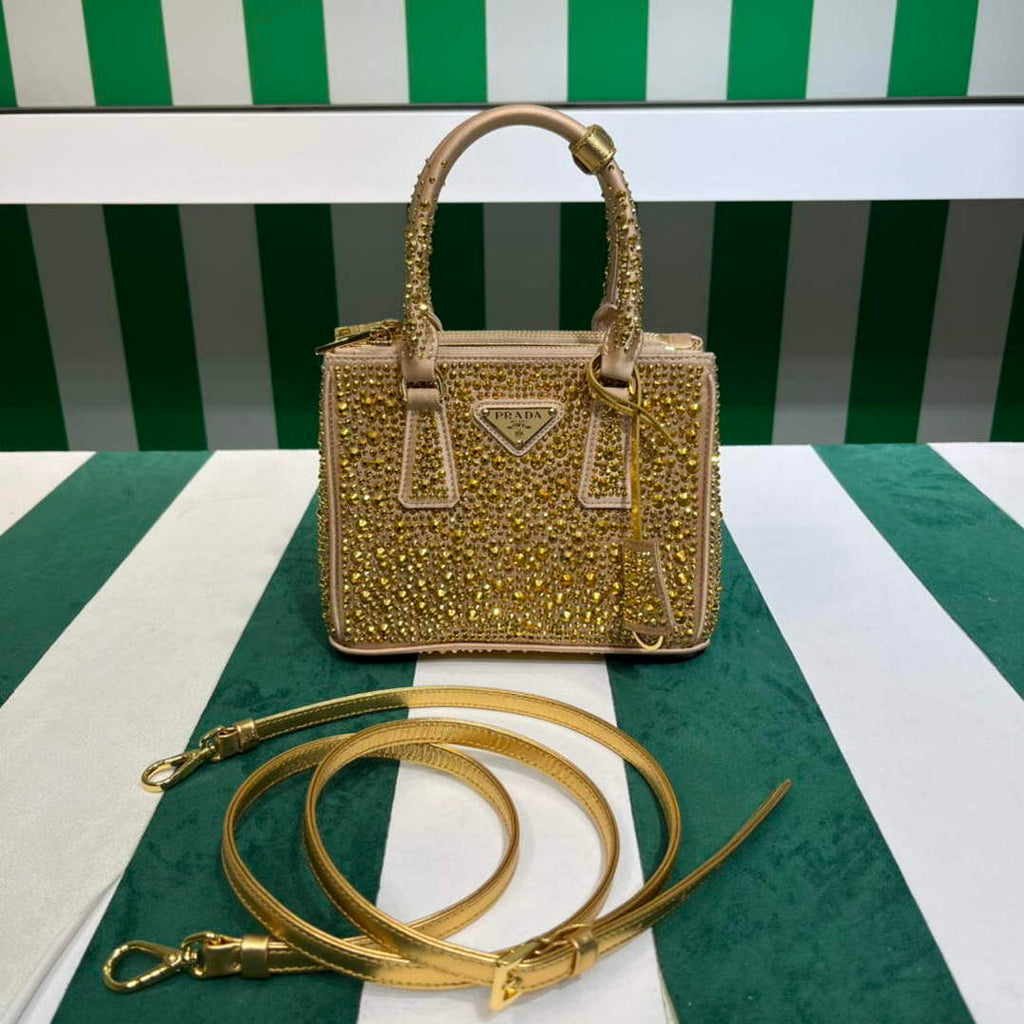 Prada 1BA906 Galleria satin mini-bag with crystals Gold