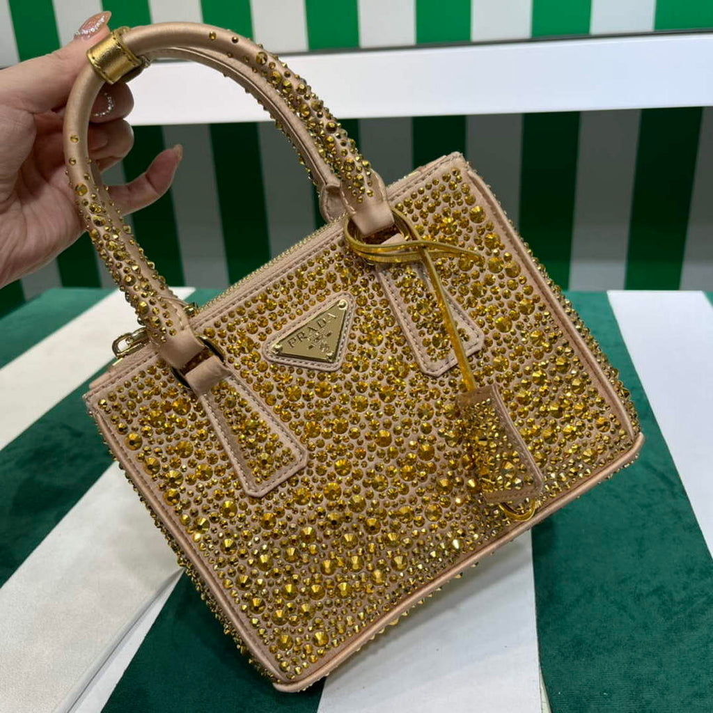 Prada 1BA906 Galleria satin mini-bag with crystals Gold