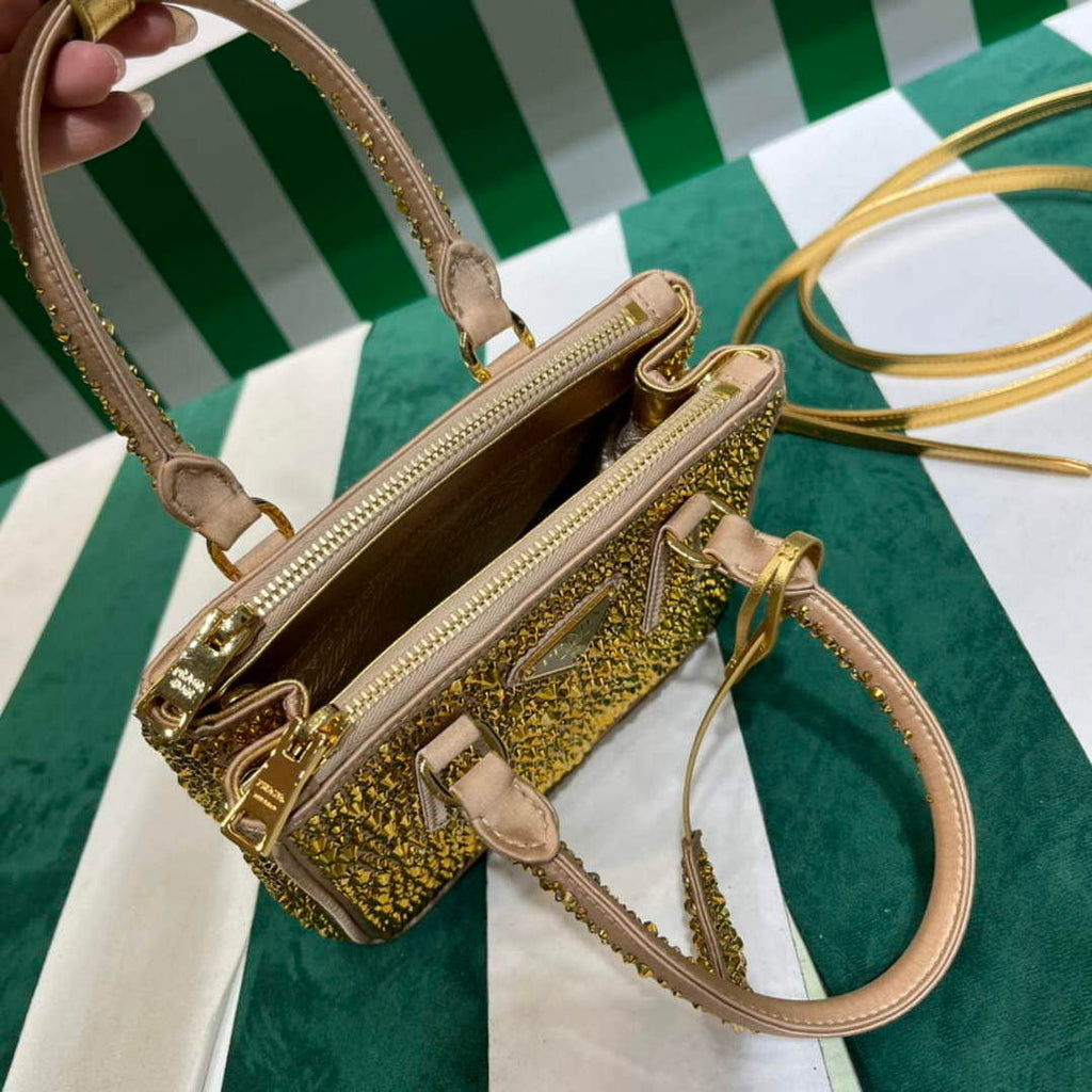Prada 1BA906 Galleria satin mini-bag with crystals Gold