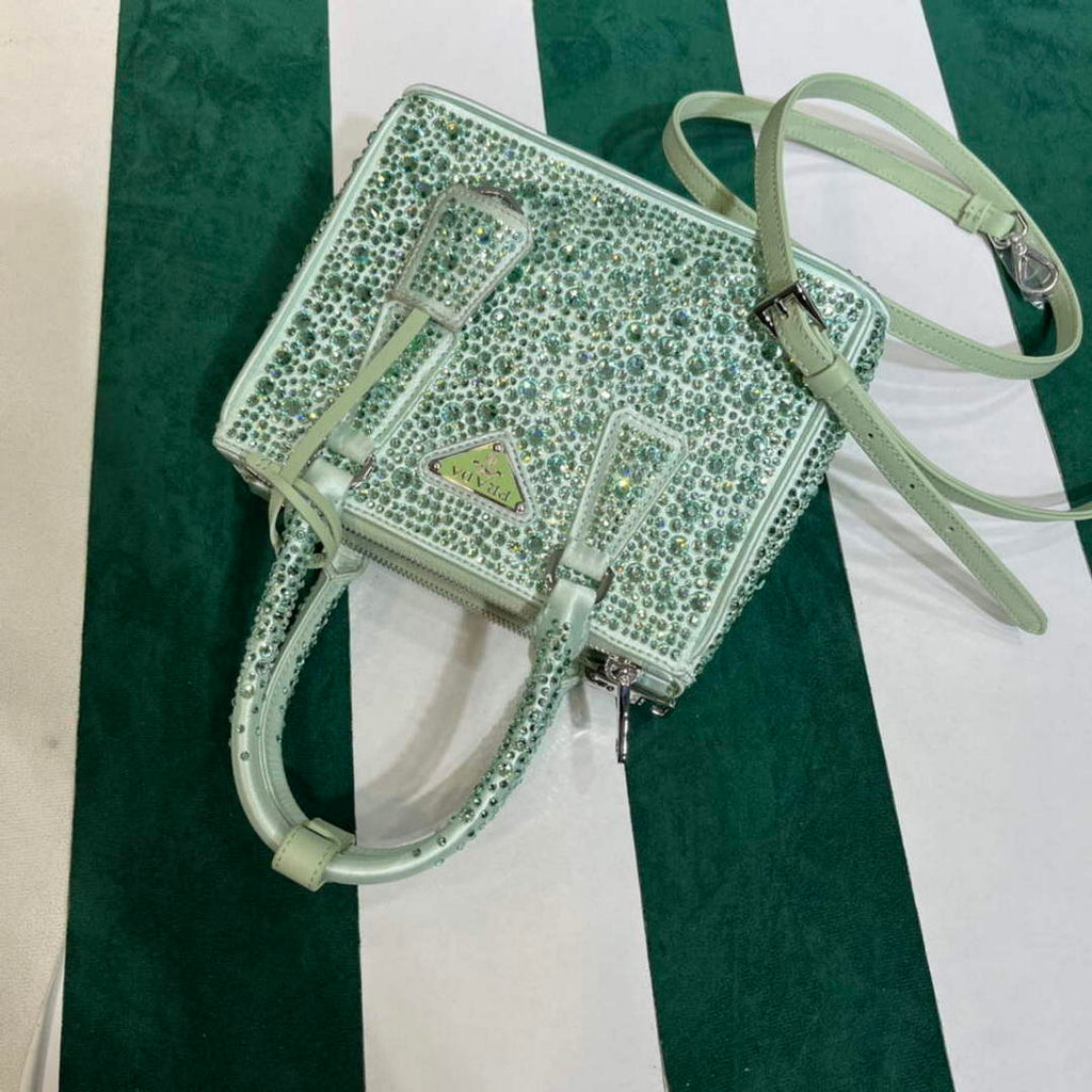 Prada 1BA906 Galleria satin mini-bag with crystals Green