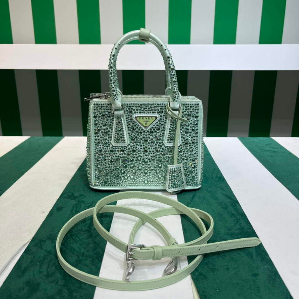 Prada 1BA906 Galleria satin mini-bag with crystals Green
