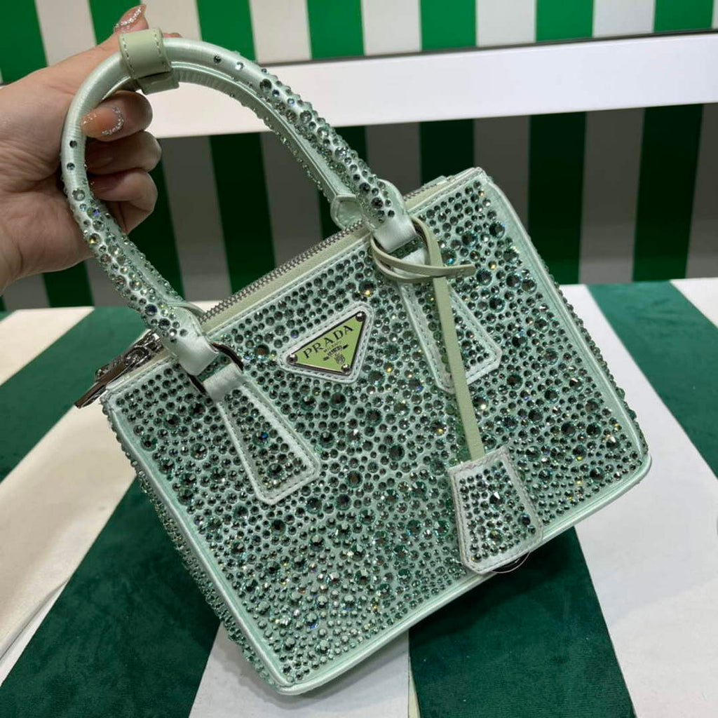 Prada 1BA906 Galleria satin mini-bag with crystals Green