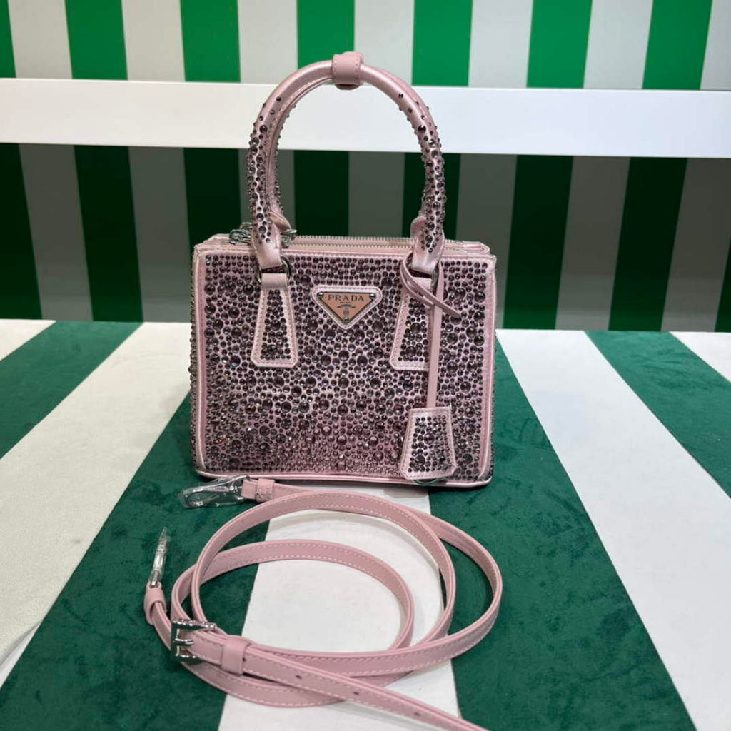 Prada 1BA906 Galleria satin mini-bag with crystals Pink