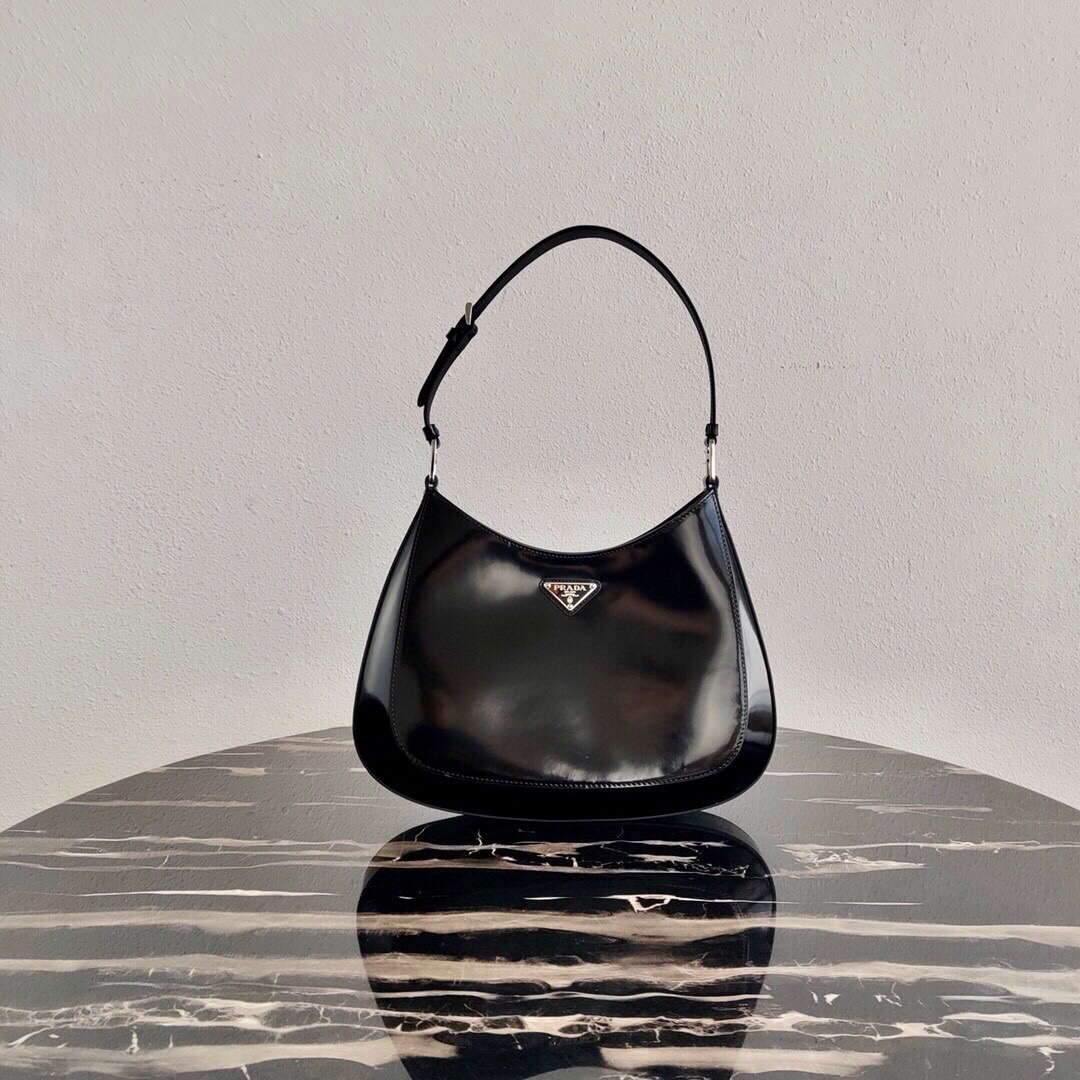 Prada 1BC156 Prada Cleo Brushed Leather Shoulder Bag Black - luxibagsmall