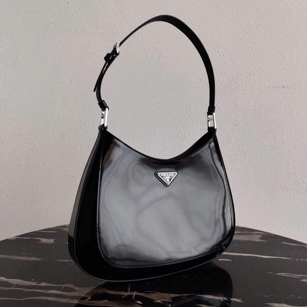 Prada 1BC156 Prada Cleo Brushed Leather Shoulder Bag Black - luxibagsmall