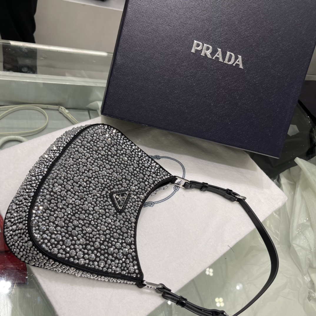 Prada 1BC169 Prada Cleo satin bag with appliqu¨¦s Black