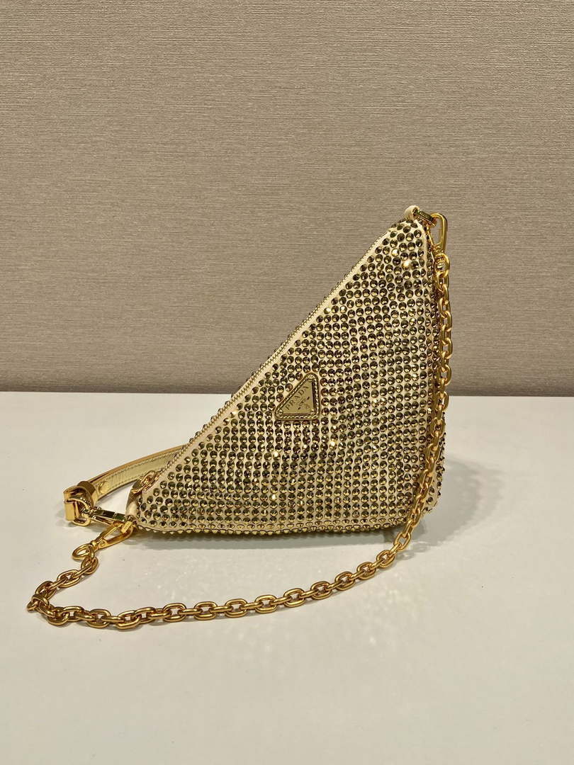Prada 1BC190 Prada Triangle satin mini-bag with crystals Gold