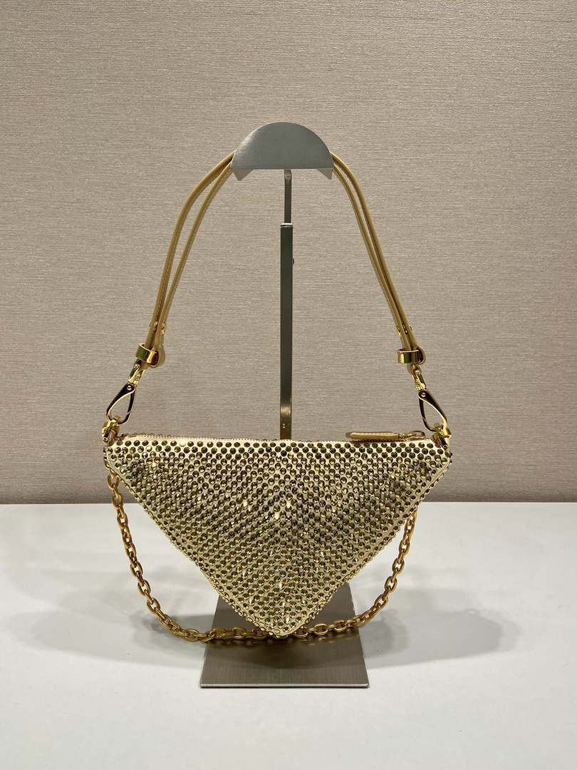 Prada 1BC190 Prada Triangle satin mini-bag with crystals Gold