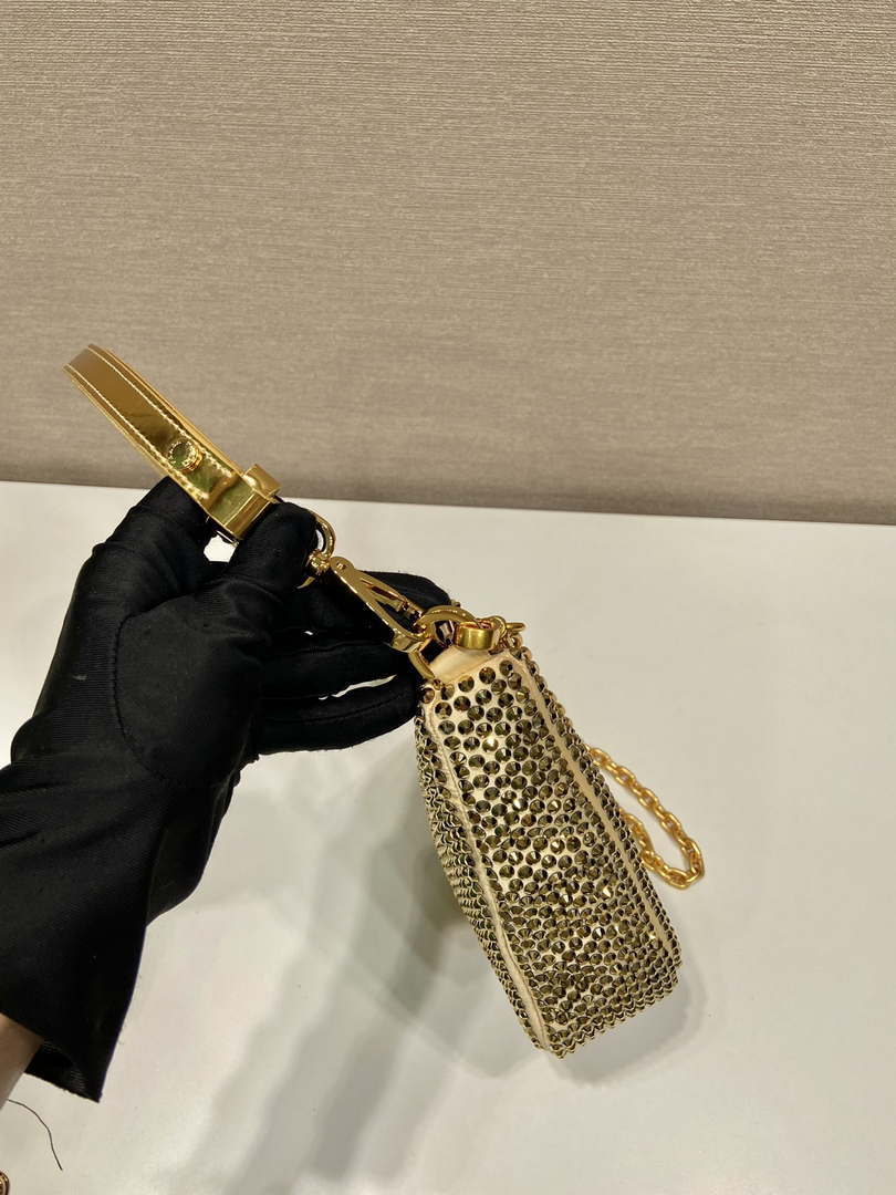 Prada 1BC190 Prada Triangle satin mini-bag with crystals Gold