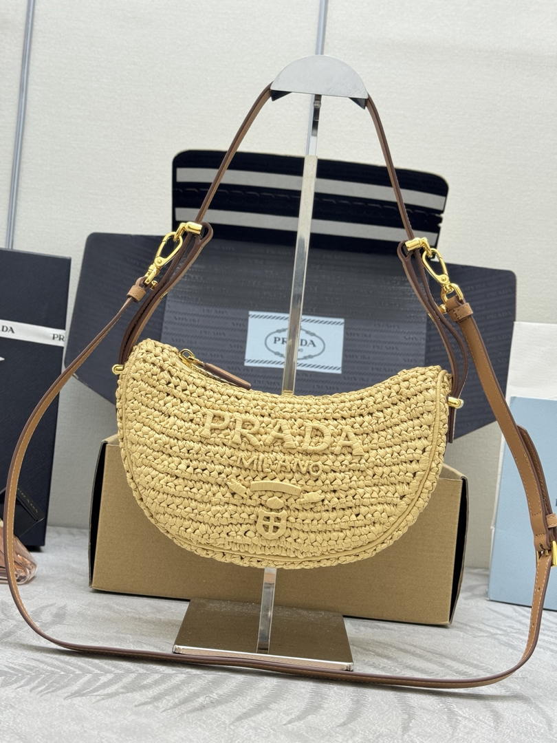 Prada 1BC194 Prada Arqué Raffia  Shoulder Bag Nature