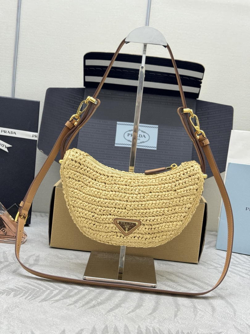 Prada 1BC194 Prada Arqué Raffia  Shoulder Bag Nature