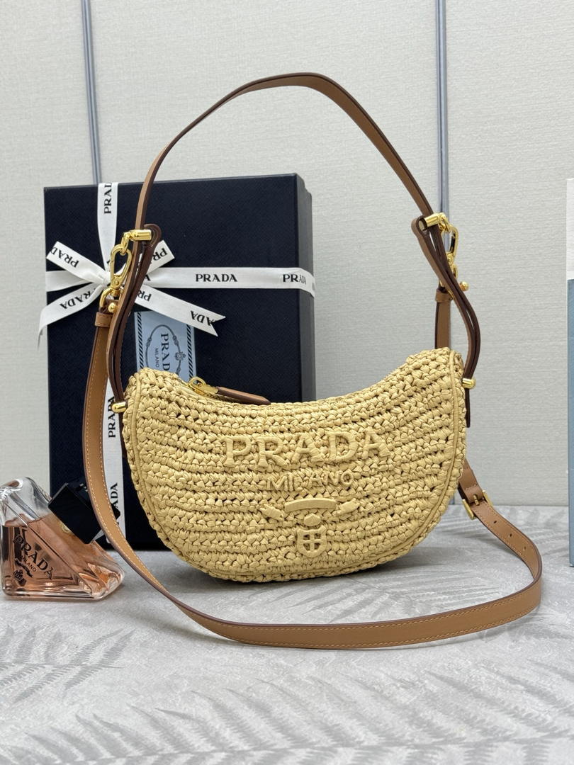 Prada 1BC194 Prada Arqué Raffia  Shoulder Bag Nature