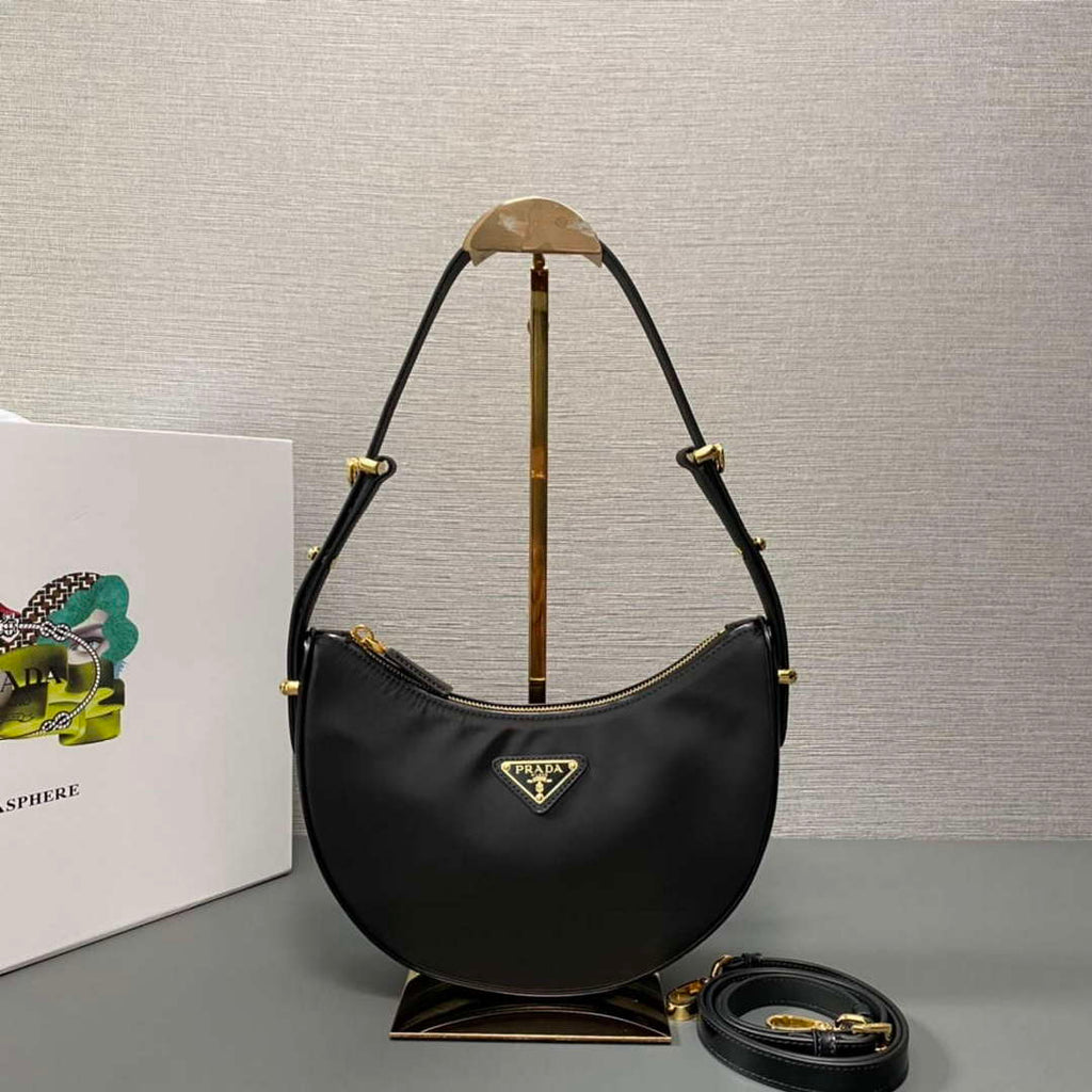 Prada 1BC194 Prada Arqu¨¦ Re-Nylon and Brushed Leather Shoulder Bag Black