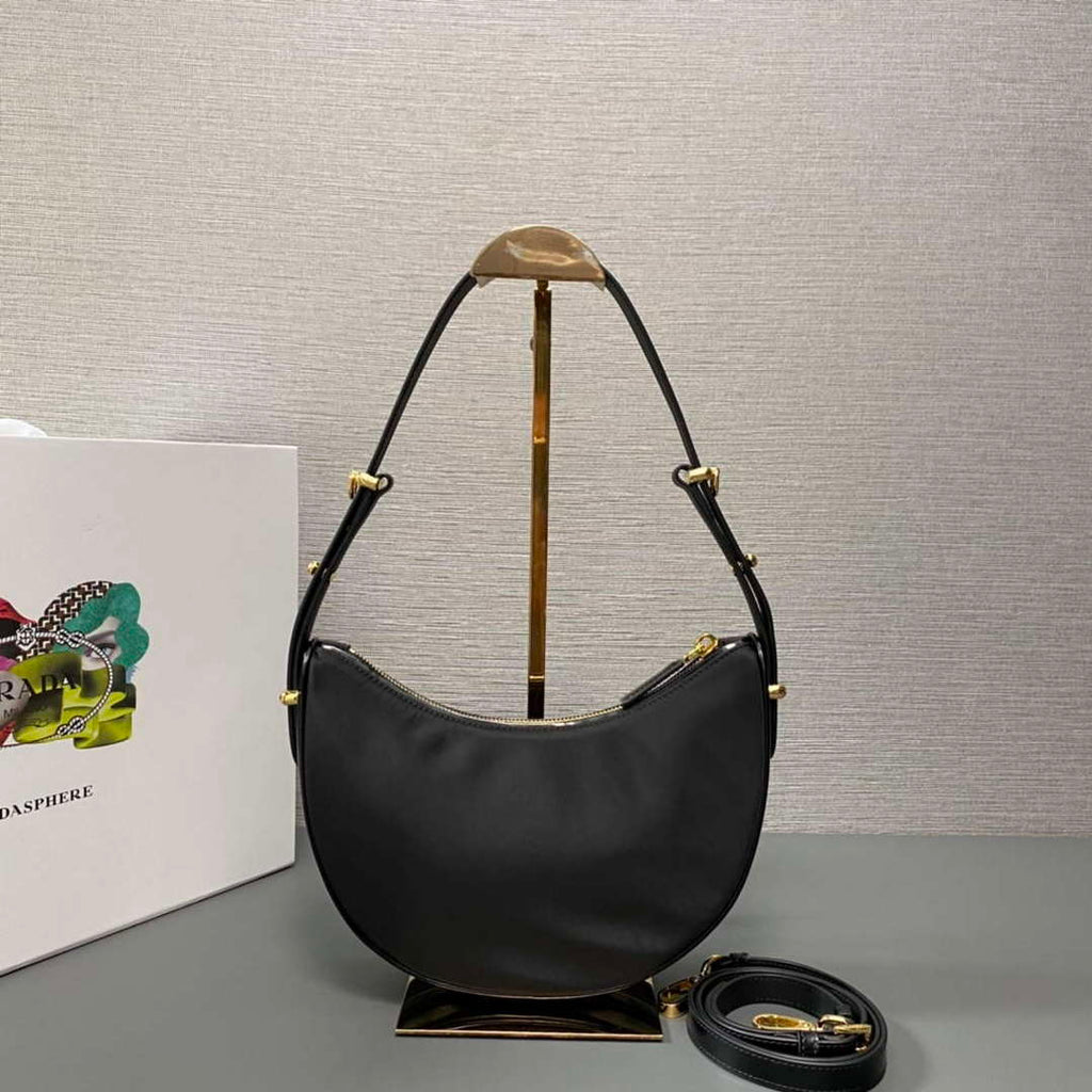 Prada 1BC194 Prada Arqu¨¦ Re-Nylon and Brushed Leather Shoulder Bag Black