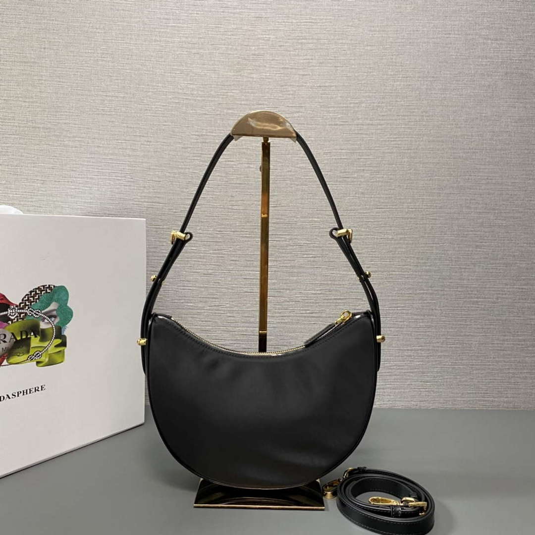 Prada 1BC194 Prada Arqu¨¦ Re-Nylon and Brushed Leather Shoulder Bag Black