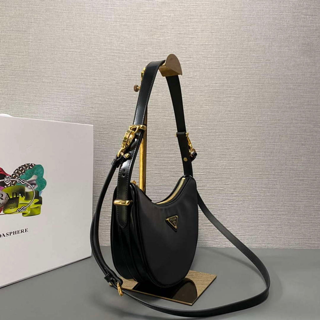 Prada 1BC194 Prada Arqu¨¦ Re-Nylon and Brushed Leather Shoulder Bag Black