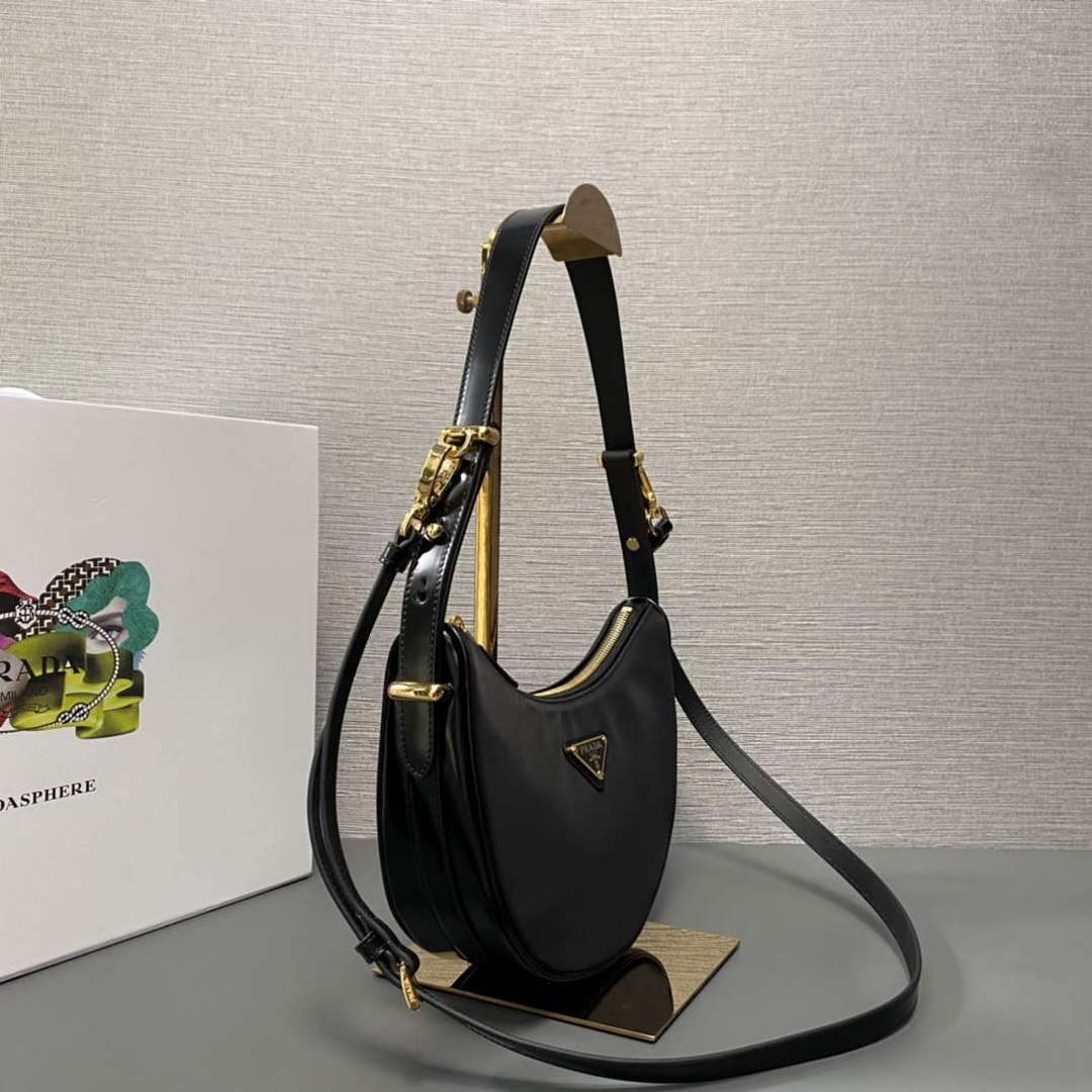 Prada 1BC194 Prada Arqu¨¦ Re-Nylon and Brushed Leather Shoulder Bag Black