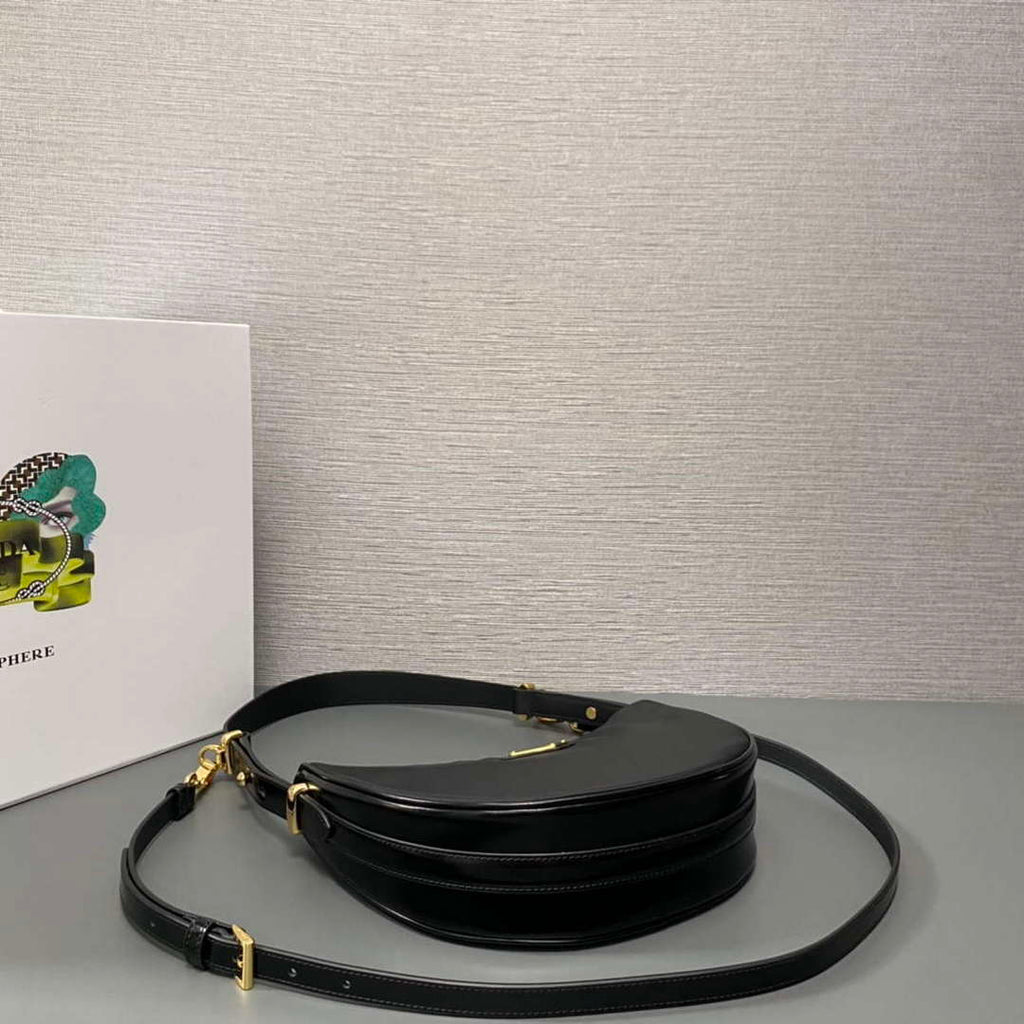 Prada 1BC194 Prada Arqu¨¦ Re-Nylon and Brushed Leather Shoulder Bag Black