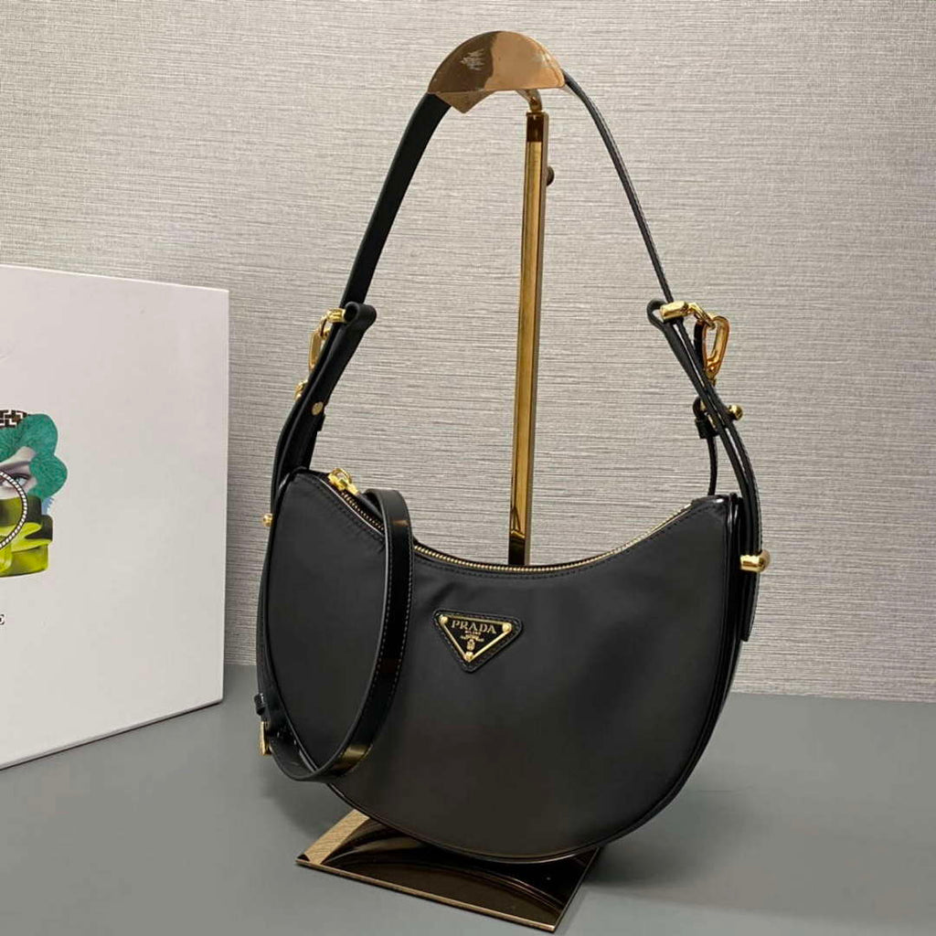 Prada 1BC194 Prada Arqu¨¦ Re-Nylon and Brushed Leather Shoulder Bag Black