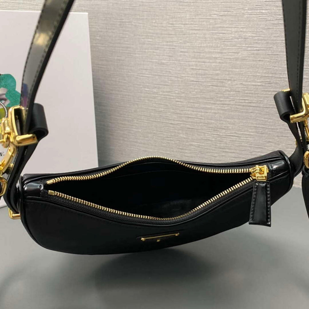 Prada 1BC194 Prada Arqu¨¦ Re-Nylon and Brushed Leather Shoulder Bag Black