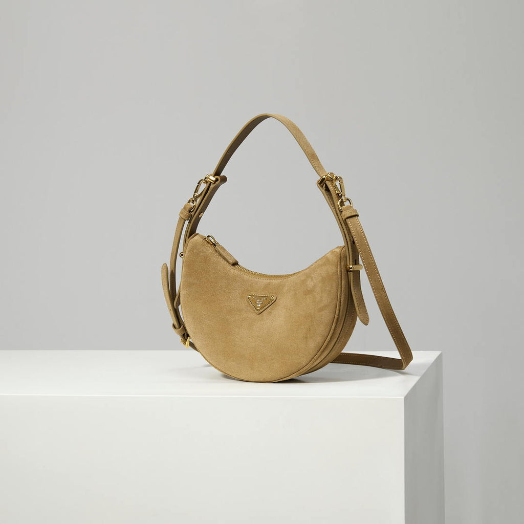Prada 1BC194 Prada Arqué Suede Leather Shoulder Bag Cinnamon