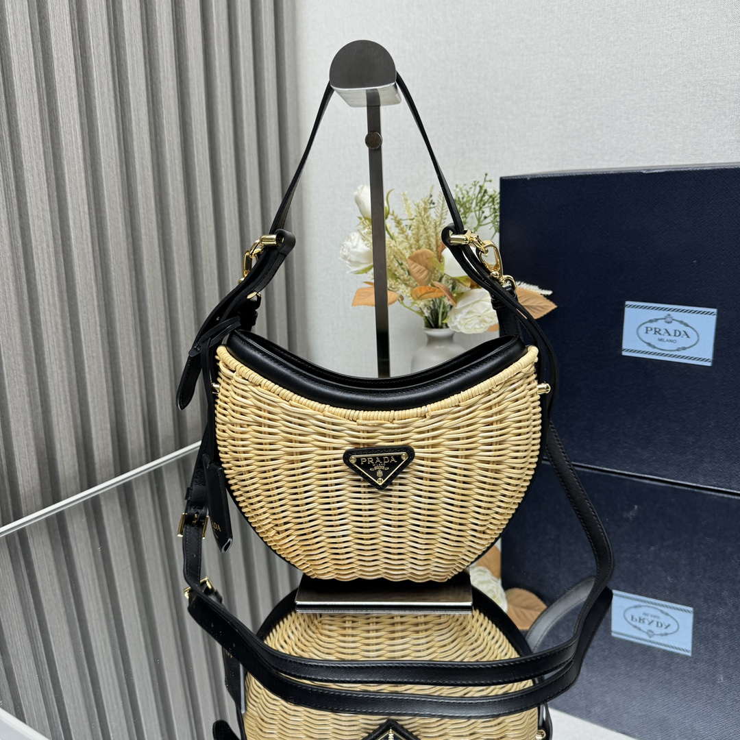 Prada 1BC202 Wicker and leather Prada Arqu¨¦ bag Natural Black