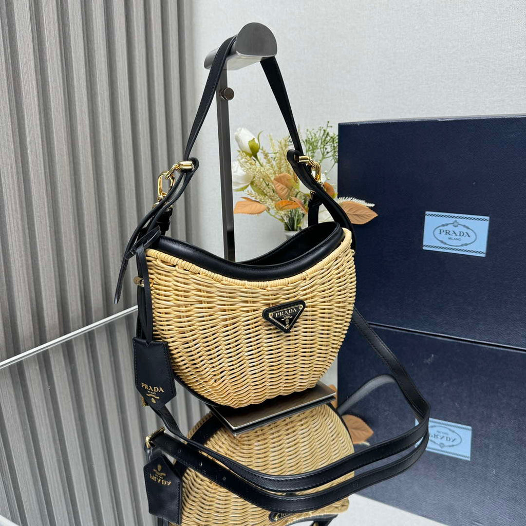 Prada 1BC202 Wicker and leather Prada Arqu¨¦ bag Natural Black