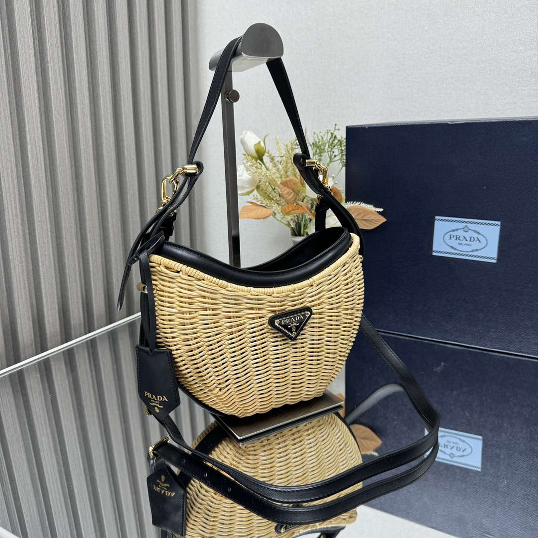 Prada 1BC202 Wicker and leather Prada Arqu¨¦ bag Natural Black