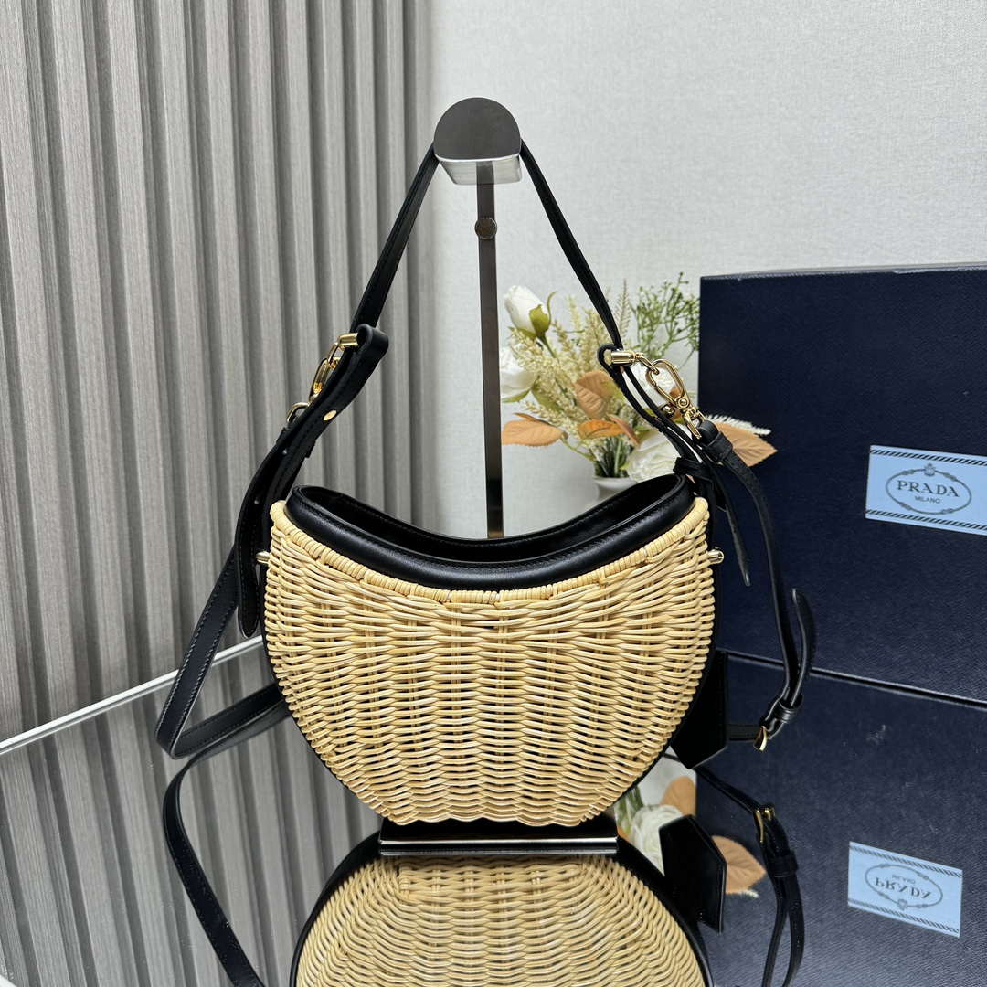 Prada 1BC202 Wicker and leather Prada Arqu¨¦ bag Natural Black