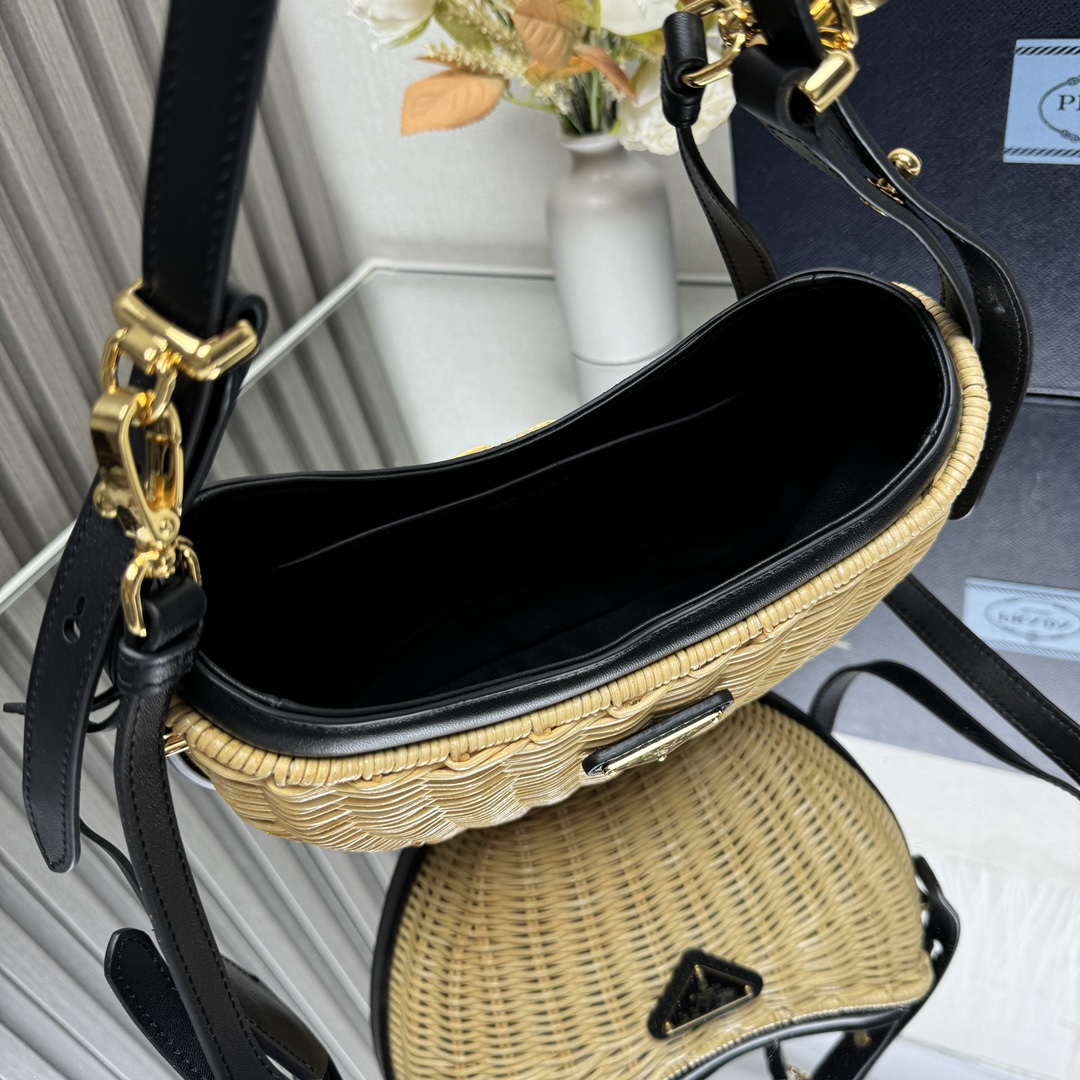 Prada 1BC202 Wicker and leather Prada Arqu¨¦ bag Natural Black