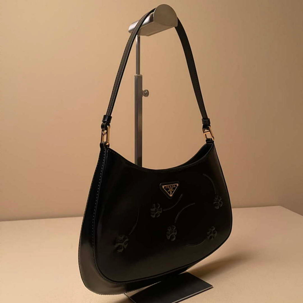Prada 1BC499 Cleo brushed Gradient leather shoulder bag relief flower Black
