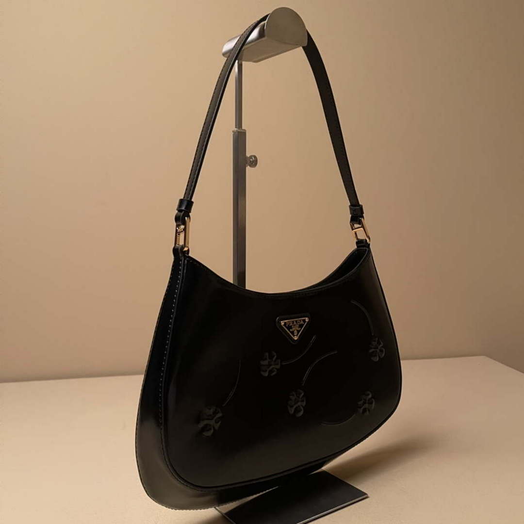 Prada 1BC499 Cleo brushed Gradient leather shoulder bag relief flower Black
