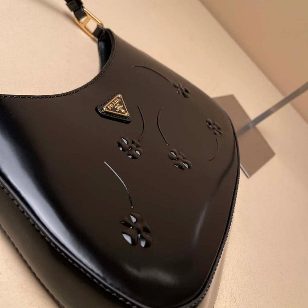 Prada 1BC499 Cleo brushed Gradient leather shoulder bag relief flower Black