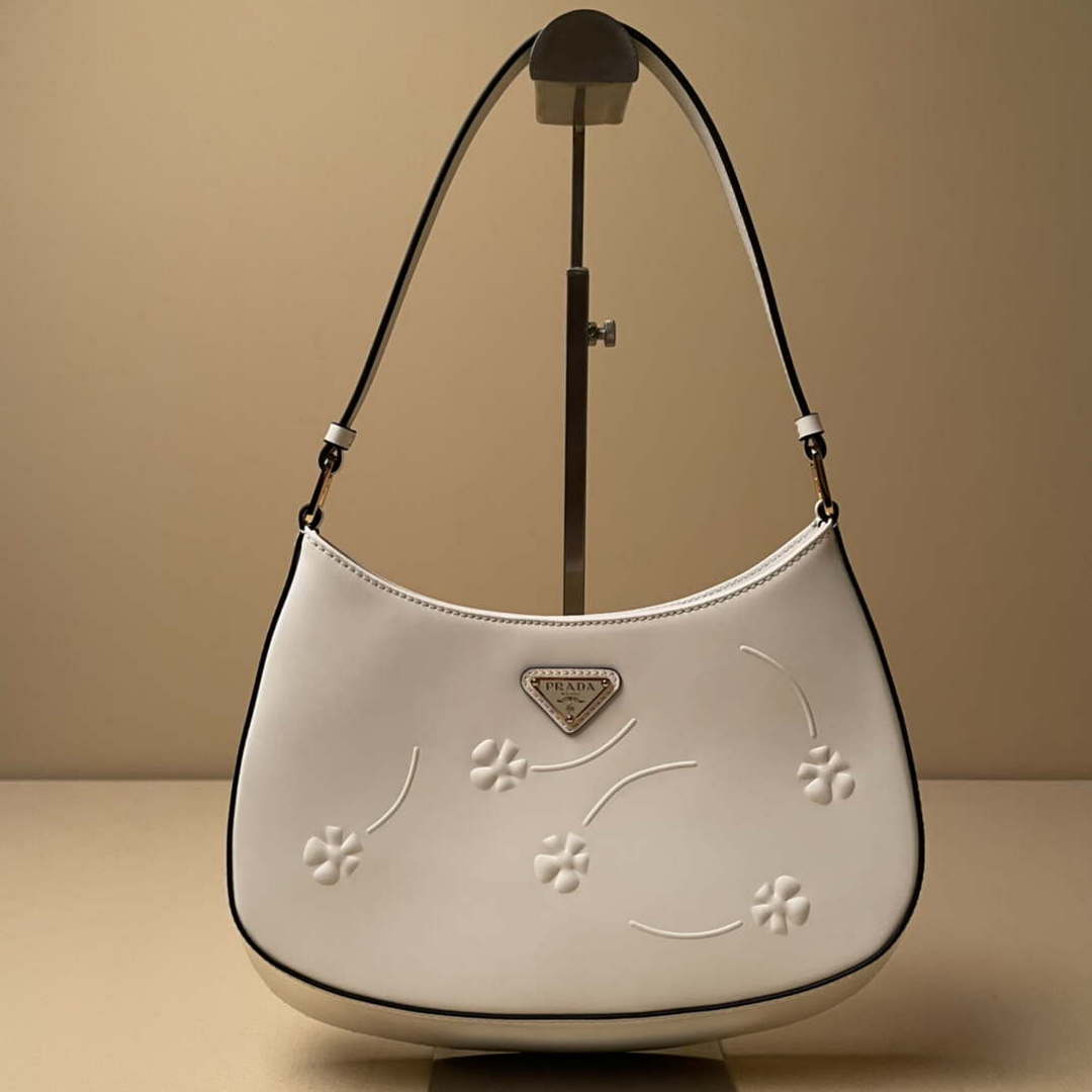 Prada 1BC499 Cleo brushed Gradient leather shoulder bag relief flower White - Default Title - View 1