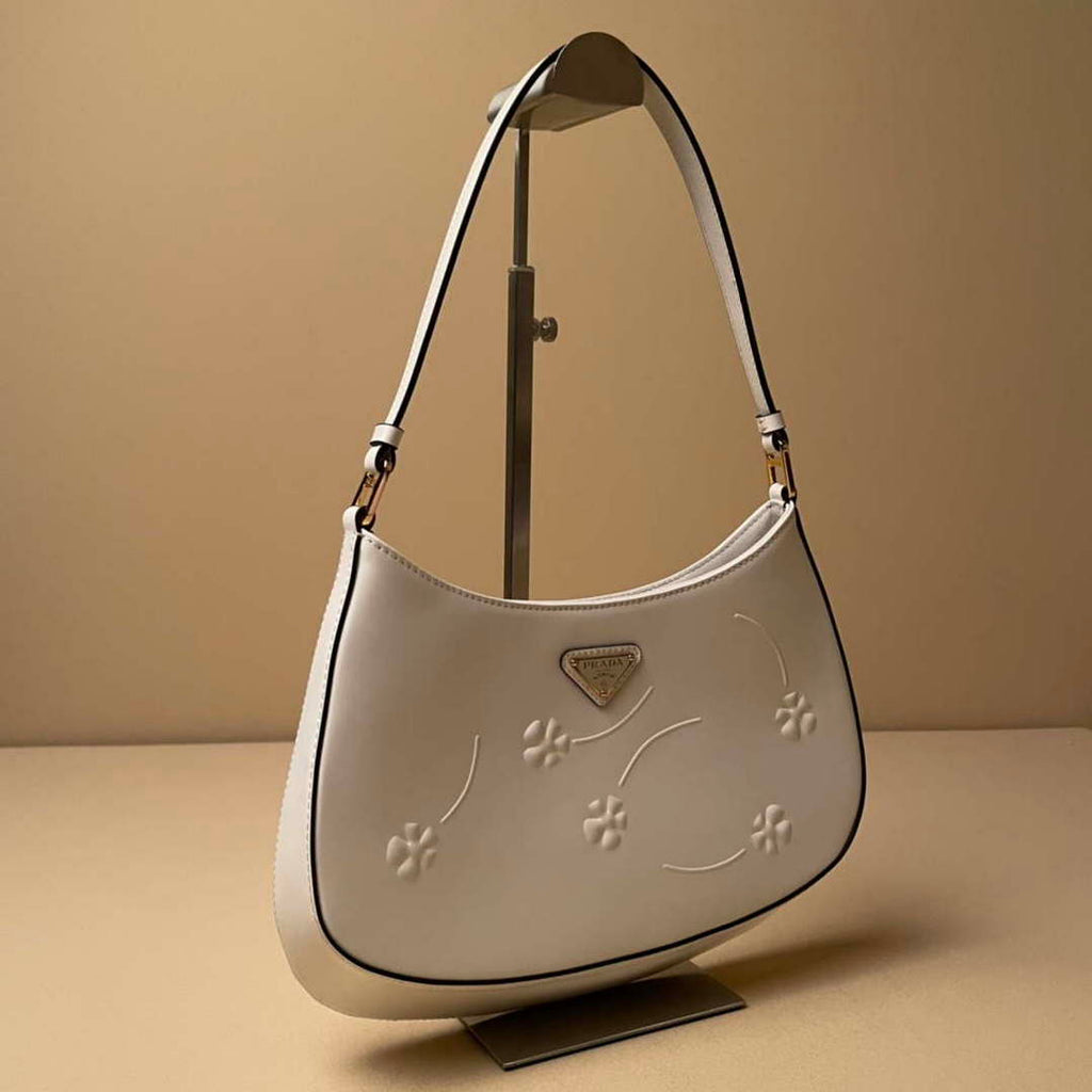 Prada 1BC499 Cleo brushed Gradient leather shoulder bag relief flower White