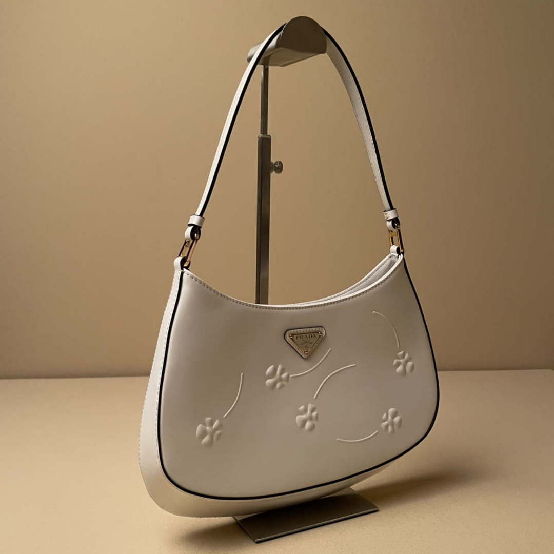 Prada 1BC499 Cleo brushed Gradient leather shoulder bag relief flower White - Default Title - View 2
