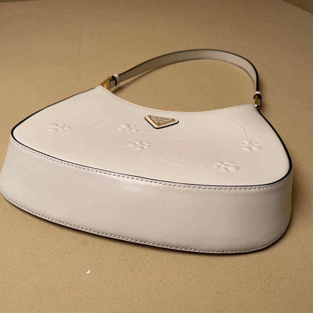 Prada 1BC499 Cleo brushed Gradient leather shoulder bag relief flower White