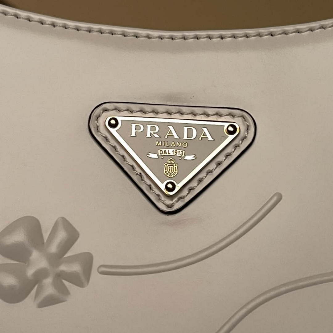 Prada 1BC499 Cleo brushed Gradient leather shoulder bag relief flower White