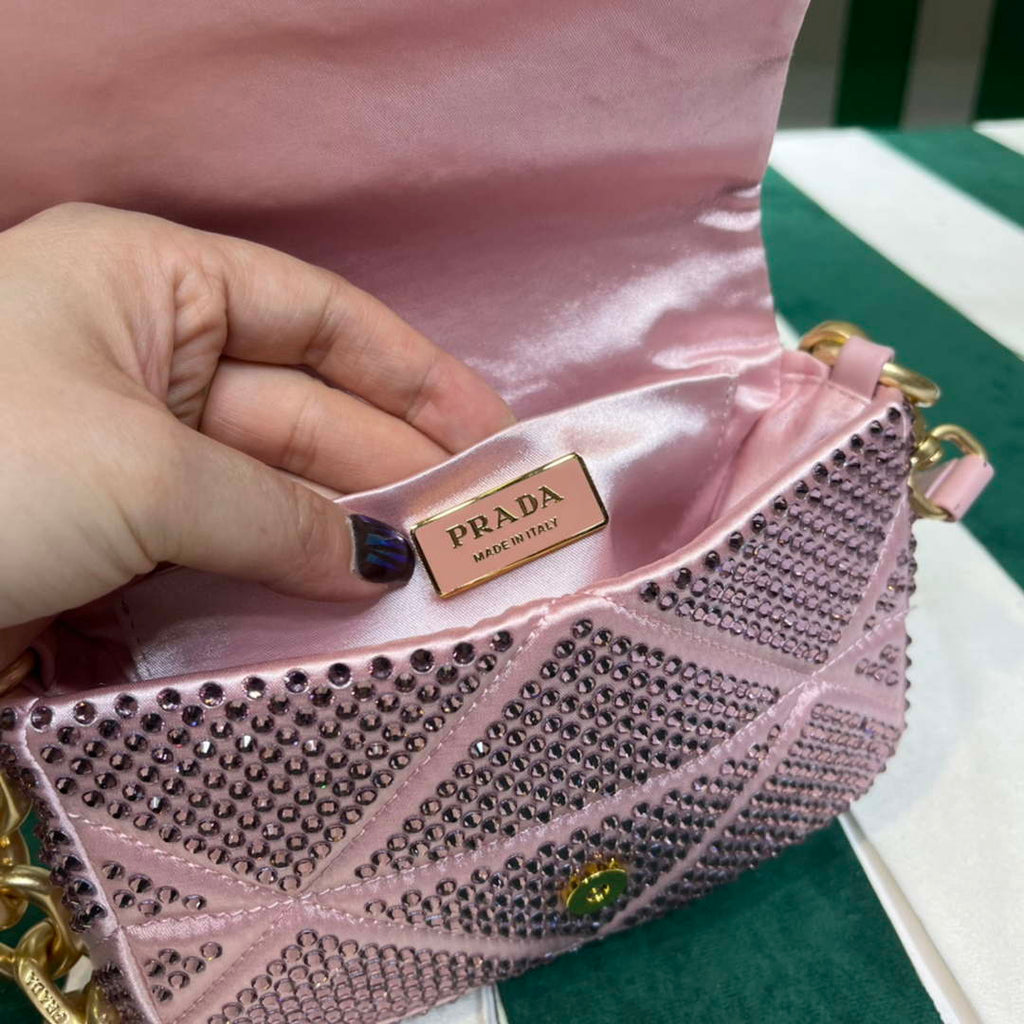 Prada 1BD329 Satin mini-bag with White Crystals Pink