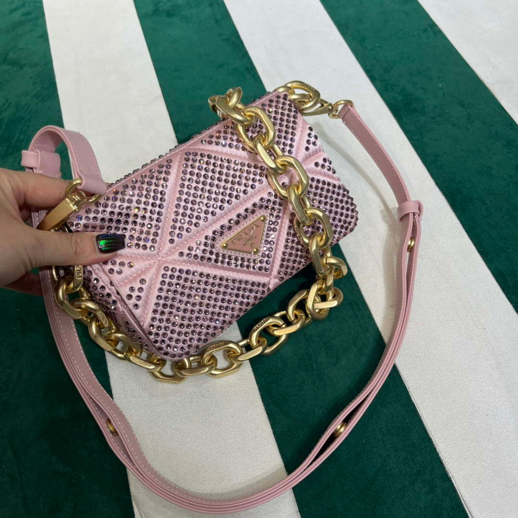 Prada 1BD329 Satin mini-bag with White Crystals Pink
