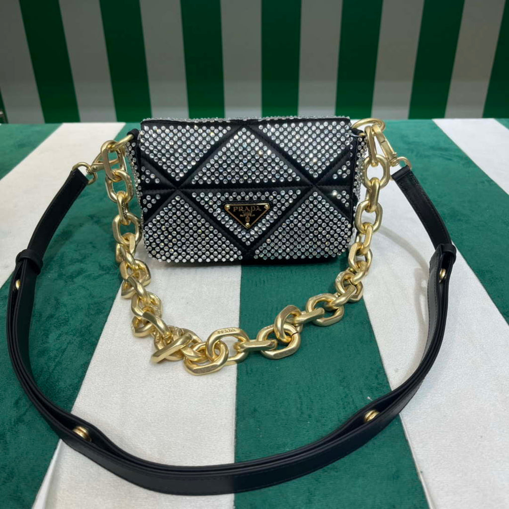 Prada 1BD329 Satin mini-bag with White Crystals Black