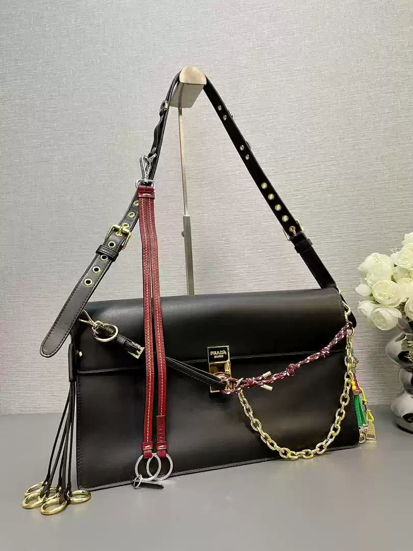 Prada 1BD378 Soft Sound large leather shoulder bag with charms Black