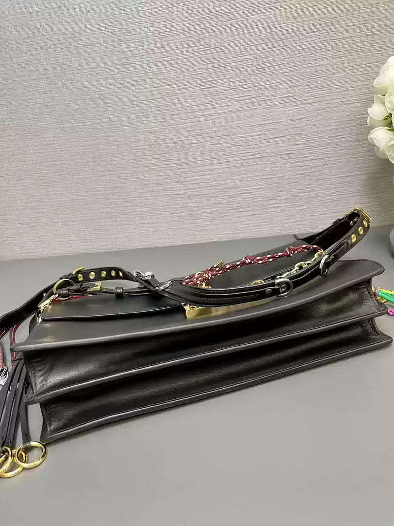Prada 1BD378 Soft Sound large leather shoulder bag with charms Black
