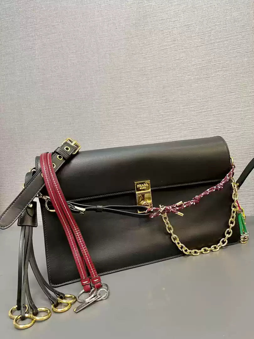 Prada 1BD378 Soft Sound large leather shoulder bag with charms Black