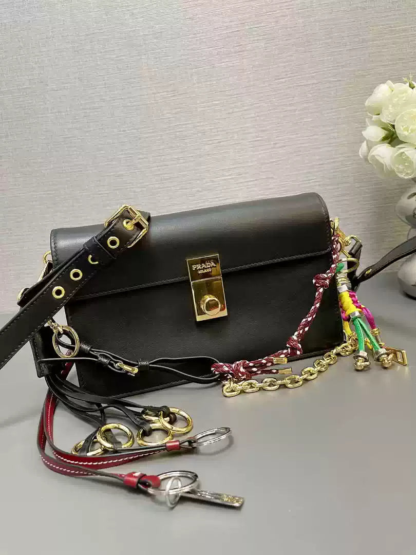 Prada 1BD379 Soft Sound small leather shoulder bag with charms Black