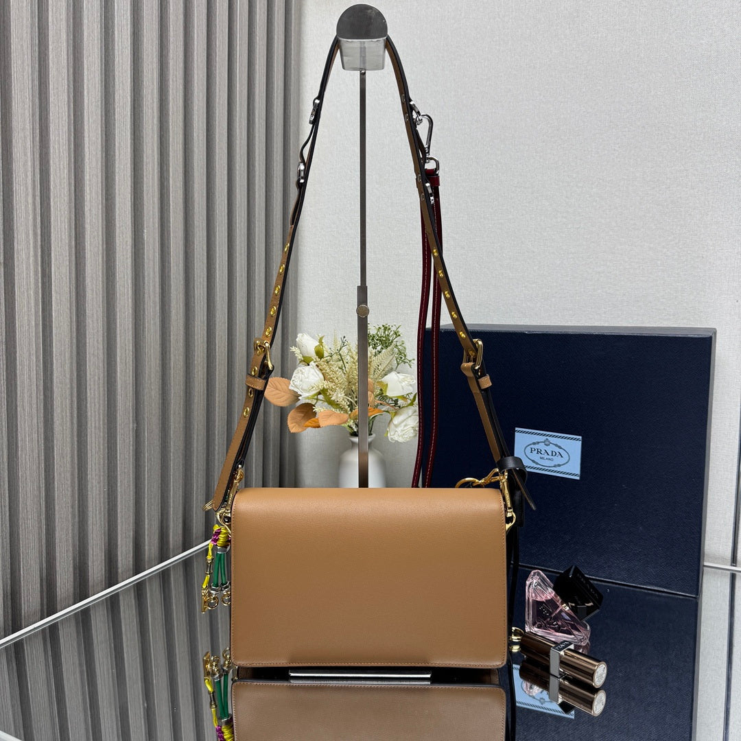 Prada 1BD379 Soft Sound small leather shoulder bag with charms Brown