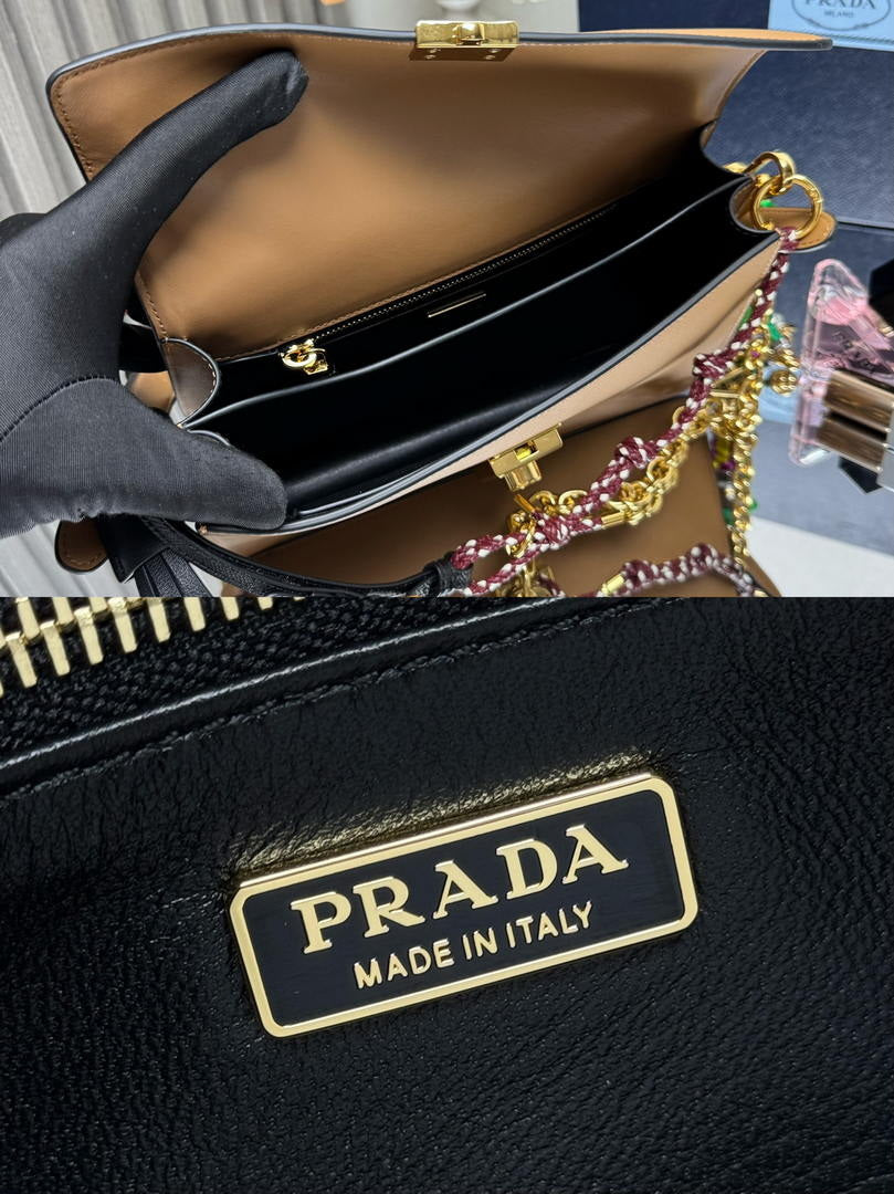 Prada 1BD379 Soft Sound small leather shoulder bag with charms Brown